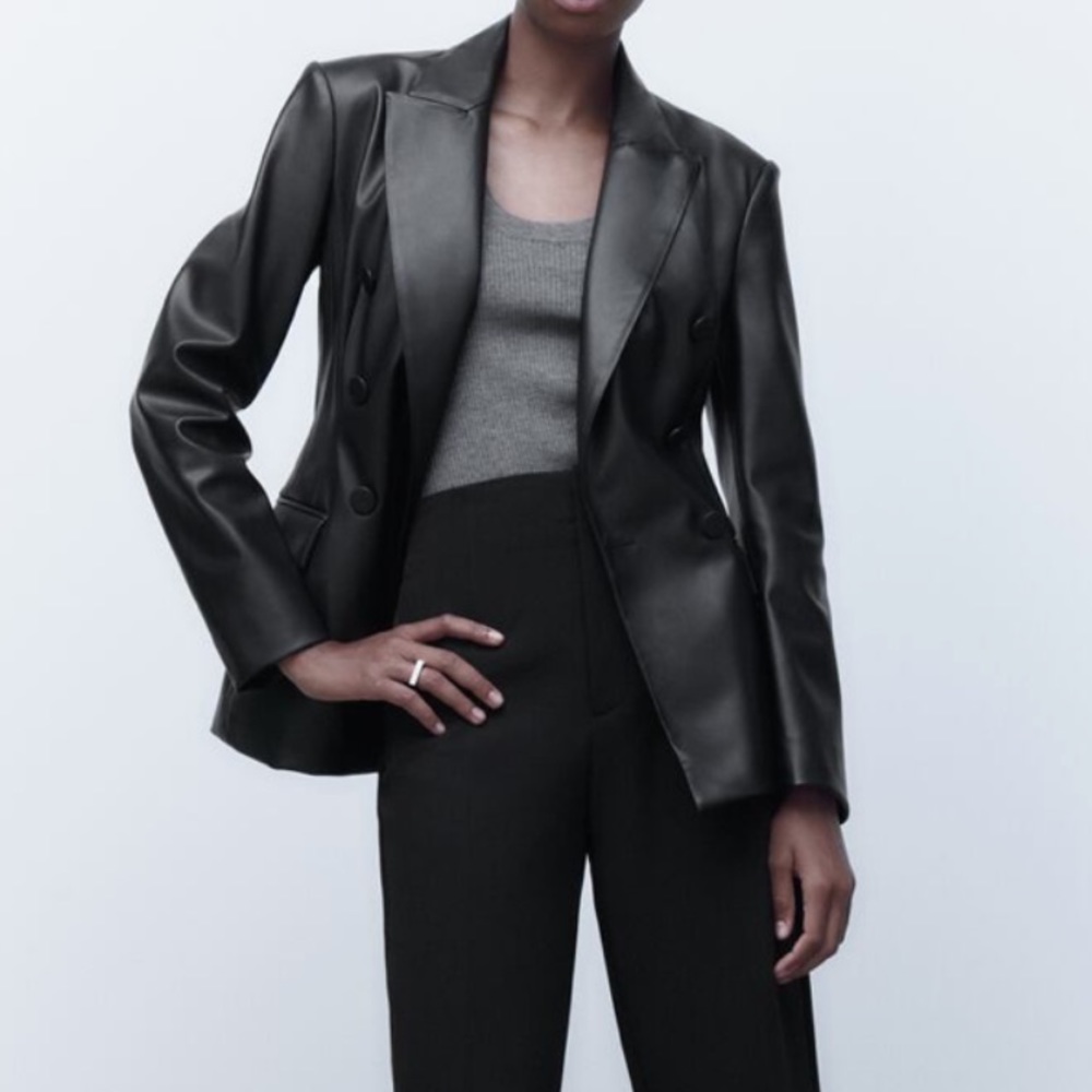 Zara - faux leather - black double breasted blazer - size M